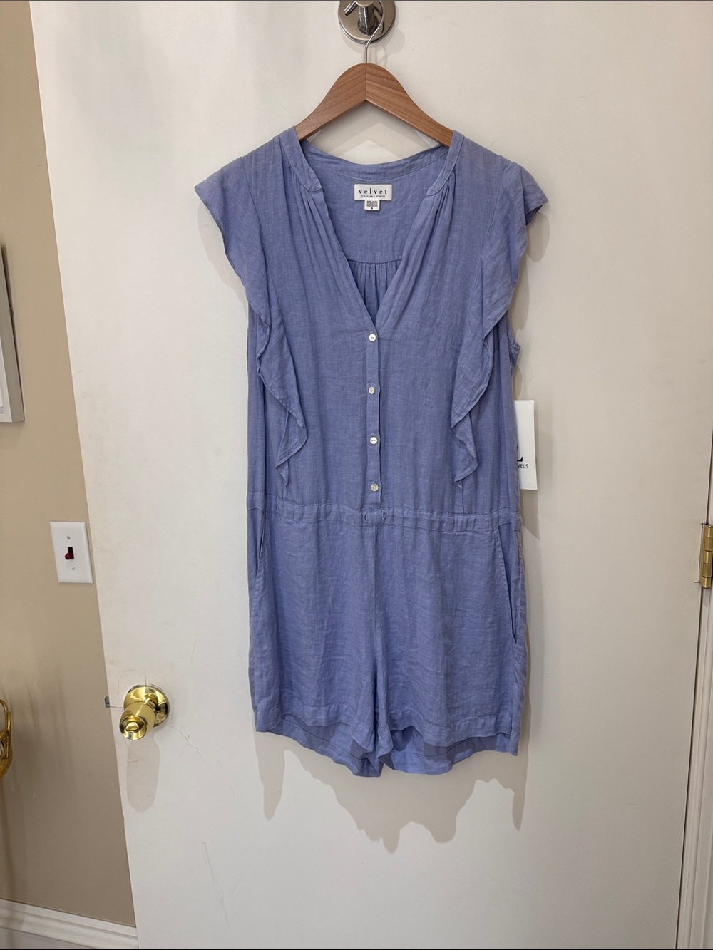 Velvet Light Blue Button-Front Linen Romper